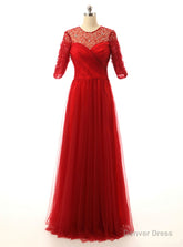 A line Half Sleeves Beaded Tulle Floor Length Red Mother Of The Bride Dresses